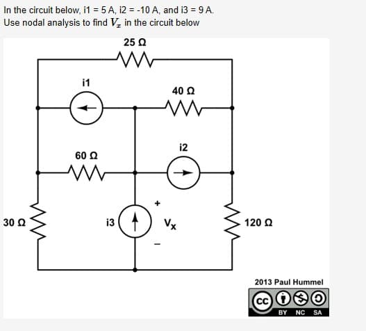 In the circuit below, i1 = 5 A, i2 = -10 A, and i3 = 9 A.
Use nodal analysis to find V, in the circuit below
25 Q
i1
40 Q
i2
60 Q
30 Q
i3
120 Q
2013 Paul Hummel
cc
BY NC
SA
