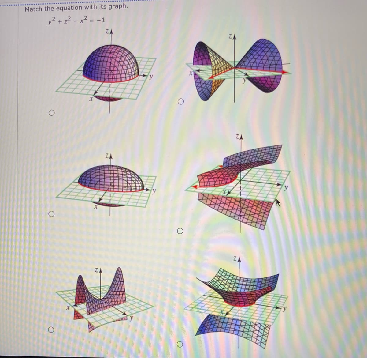 Match the equation with its graph.
y? + z2 - x² = -1
