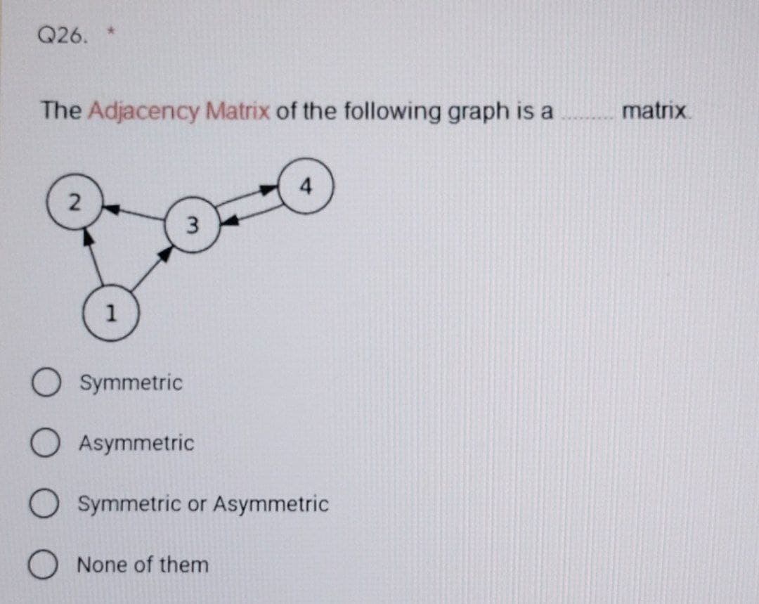 Q26. *
The Adjacency Matrix of the following graph is a
Foto
3
2
1
O Symmetric
O Asymmetric
4
Symmetric or Asymmetric
O None of them
matrix