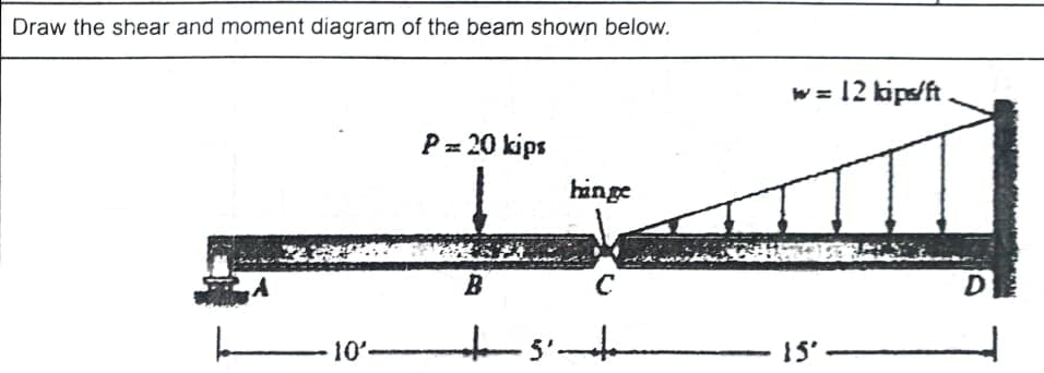 Draw the shear and moment diagram of the beam shown below.
w = 12 kipe/ft .
P= 20 kips
hinge
B
D
10-
15'
