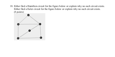 18. Either find a Hamilton circuit for the figure below or explain why no such circuit exists.
Either find a Euler circuit for the figure below or explain why no such circuit exists.
(8 po ints)
