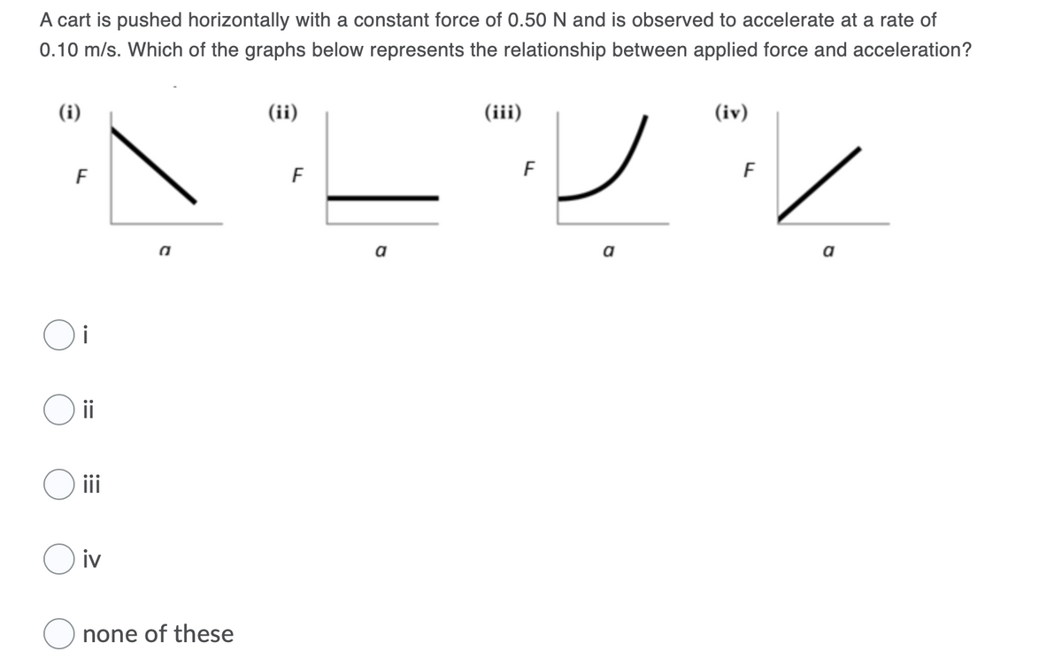 A cart is pushed horizontally with a constant force of 0.50 N and is observed to accelerate at a rate of
0.10 m/s. Which of the graphs below represents the relationship between applied force and acceleration?
(i)
(ii)
(iii)
(iv)
F
F
F
a
a
a
i
ii
i
iv
none of these
