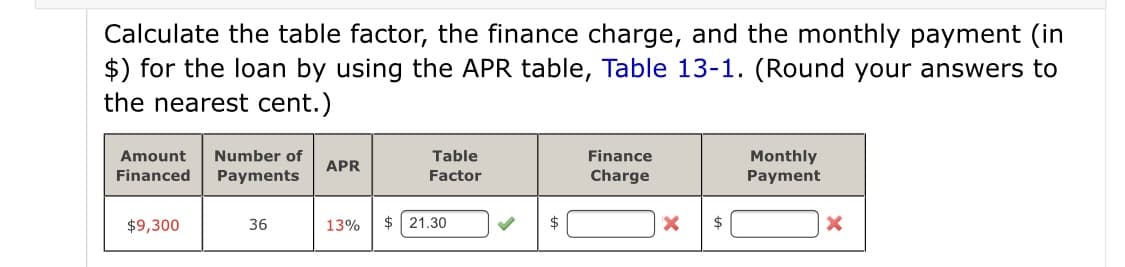 Calculate the table factor, the finance charge, and the monthly payment (in
$) for the loan by using the APR table, Table 13-1. (Round your answers to
the nearest cent.)
Amount
Number of
Table
Finance
Monthly
Payment
APR
Financed
Payments
Factor
Charge
$9,300
36
13%
2$
21.30
2$
2$
