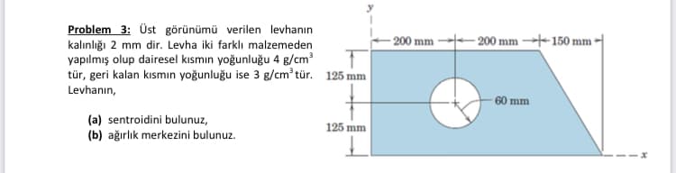 Problem 3: Üst görünümü verilen levhanın
– 200 mm →-– 200 mm →-150 mm +
kalınlığı 2 mm dir. Levha iki farklı malzemeden
yapılmış olup dairesel kısmın yoğunluğu 4 g/cm?
tür, geri kalan kısmın yoğunluğu ise 3 g/cm? tür. 125 mm
Levhanın,
60 mm
(a) sentroidini bulunuz,
(b) ağırlık merkezini bulunuz.
125 mm
