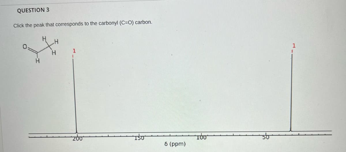 QUESTION 3
Click the peak that corresponds to the carbonyl (C=O) carbon.
H.
1
H
200
6 (ppm)
