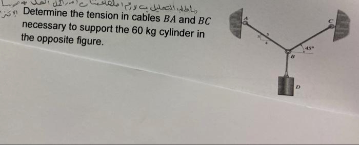 Determine the tension in cables BA and BC
necessary to support the 60 kg cylinder in
the opposite figure.
45
