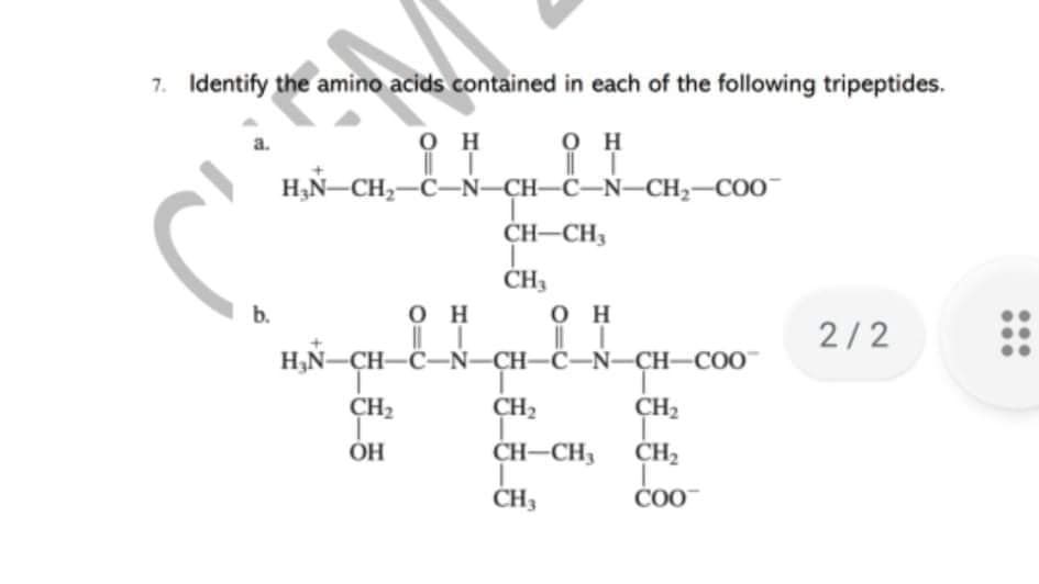 7. Identify the amino acids contained in each of the following tripeptides.
a.
он
он
H3N-CH2-C-N-CH-C-N-CH2-COO
CH-CH3
ČH3
b.
O H
он
2/2
H,Ñ-CH-C-Ñ-CH-C-Ñ–CH–COO
CH2
CH2
CH2
OH
CH-CH3
CH2
CH3
ČOO
...
...
