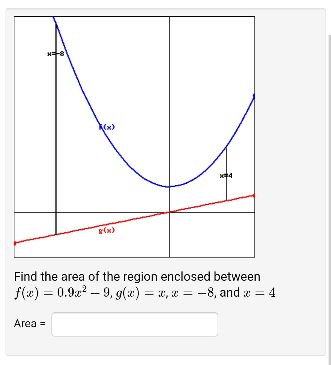 x+8
(x)
x#4
g(x)
Find the area of the region enclosed between
f(x) = 0.9x2 + 9, g(x) = x, x = -8, and x = 4
Area
