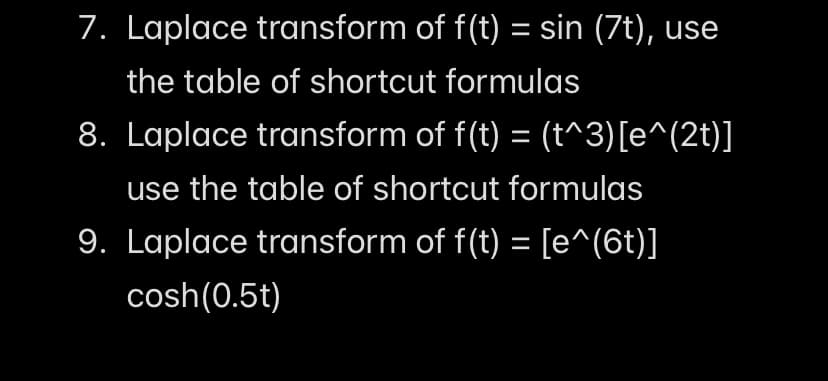 7. Laplace transform of f(t) = sin (7t), use
the table of shortcut formulas
8. Laplace transform of f(t) = (t^3)[e^(2t)]
use the table of shortcut formulas
9. Laplace transform of f(t) = [e^(6t)]
cosh(0.5t)
