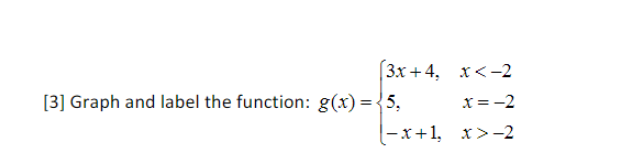 3х +4, х<-2
[3] Graph and label the function: g(x) ={5,
x = -2
-x+1, х>-2
