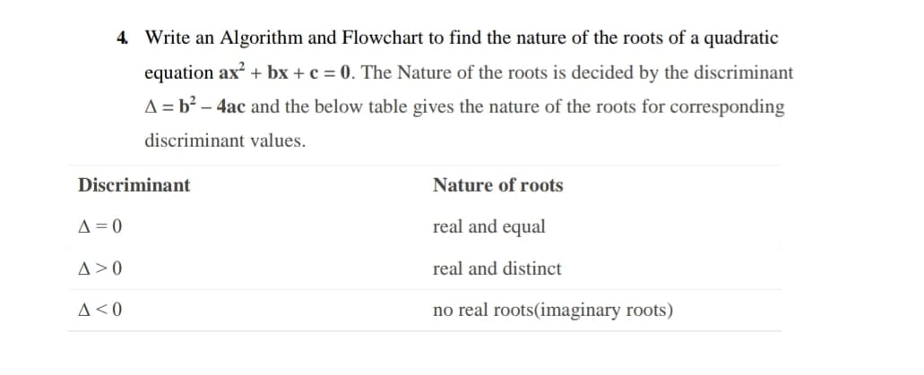4. Write an Algorithm and Flowchart to find the nature of the roots of a quadratic
equation ax? + bx + c = 0. The Nature of the roots is decided by the discriminant
A = b² – 4ac and the below table gives the nature of the roots for corresponding
discriminant values.
Discriminant
Nature of roots
A= 0
real and equal
A>0
real and distinct
A<0
no real roots(imaginary roots)
