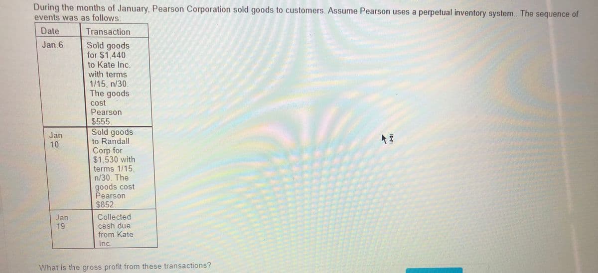 During the months of January, Pearson Corporation sold goods to customers. Assume Pearson uses a perpetual inventory system.. The sequence of
events was as follows:
Date
Transaction
Sold goods
for $1,440
to Kate Inc.
with terms
Jan 6
1/15, n/30.
The goods
cost
Pearson
$555
Sold goods
to Randall
Jan
10
Corp for
$1,530 with
terms 1/15,
n/30. The
goods cost
Pearson
$852
Jan
19
Collected
cash due
from Kate
Inc.
What is the gross profit from these transactions?
