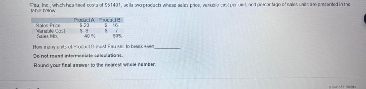 Pau, Inc., which has fixed costs of $51401, sells two products whose sales price, variable cost per unit, and percentage of sales units are presented in the
table below.
Sales Price
Variable Cost
Sales Mix
Product A Product B
$
$
$23
$8
40 %
16
7
60%
How many units of Product B must Pau sell to break even
Do not round intermediate calculations.
Round your final answer to the nearest whole number.
0 out of 1 points