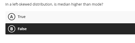 In a left-skewed distribution, is median higher than mode?
A True
B False
