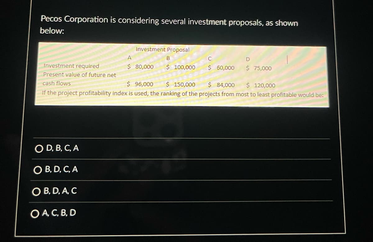 Pecos Corporation is considering several investment proposals, as shown
below:
Investment required
Present value of future net
Investment Proposal
OD, B, C, A
O B, D, C, A
OB, D, A, C
O A, C, B, D
A
B
$ 80,000 $ 100,000
C
$ 60,000
D
$ 75,000
cash flows
$ 96,000
$ 150,000
$ 84,000
$ 120,000
If the project profitability index is used, the ranking of the projects from most to least profitable would be:
