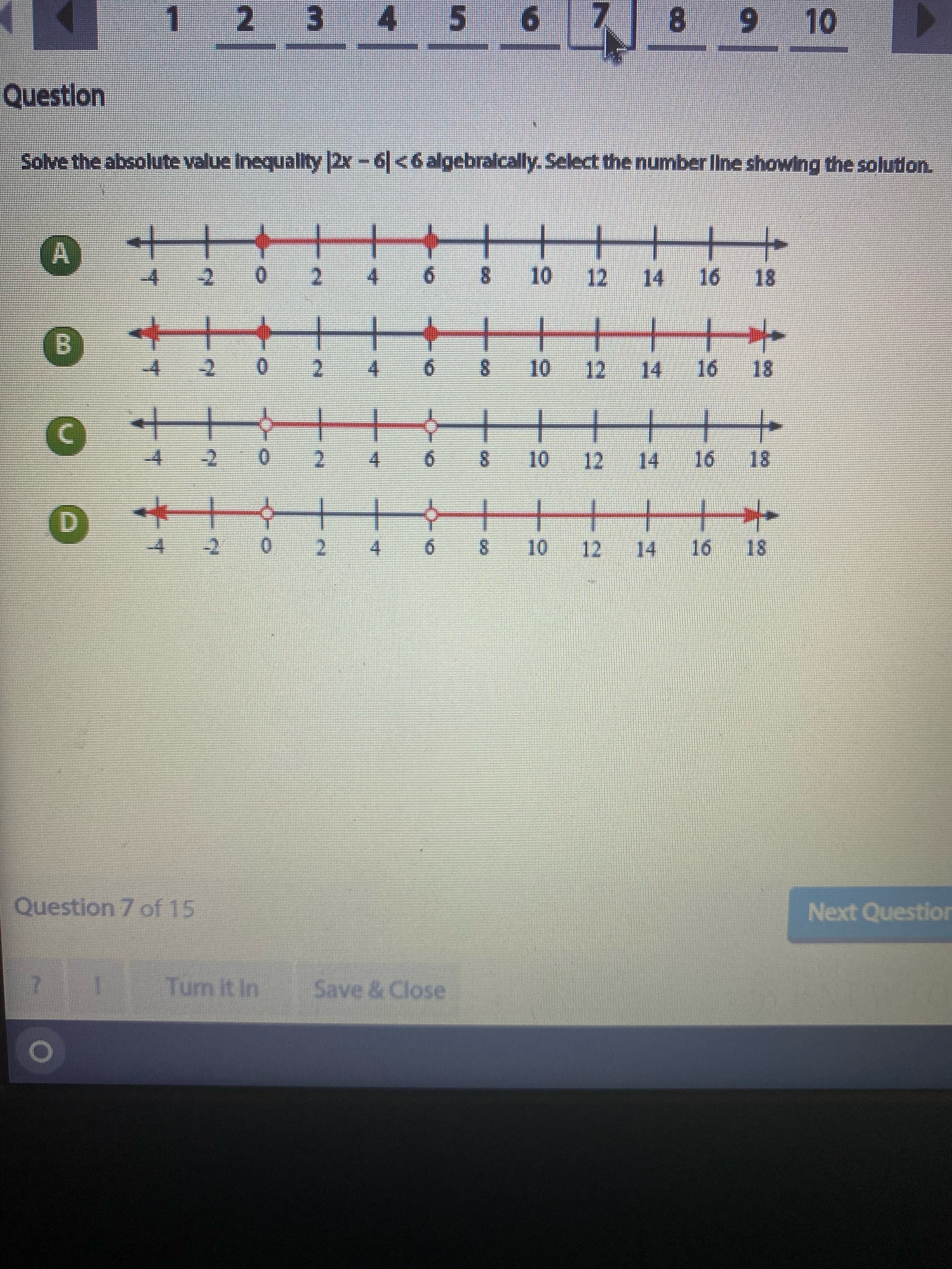 Solve the absolute value Inequality |2x-6<6 alg
