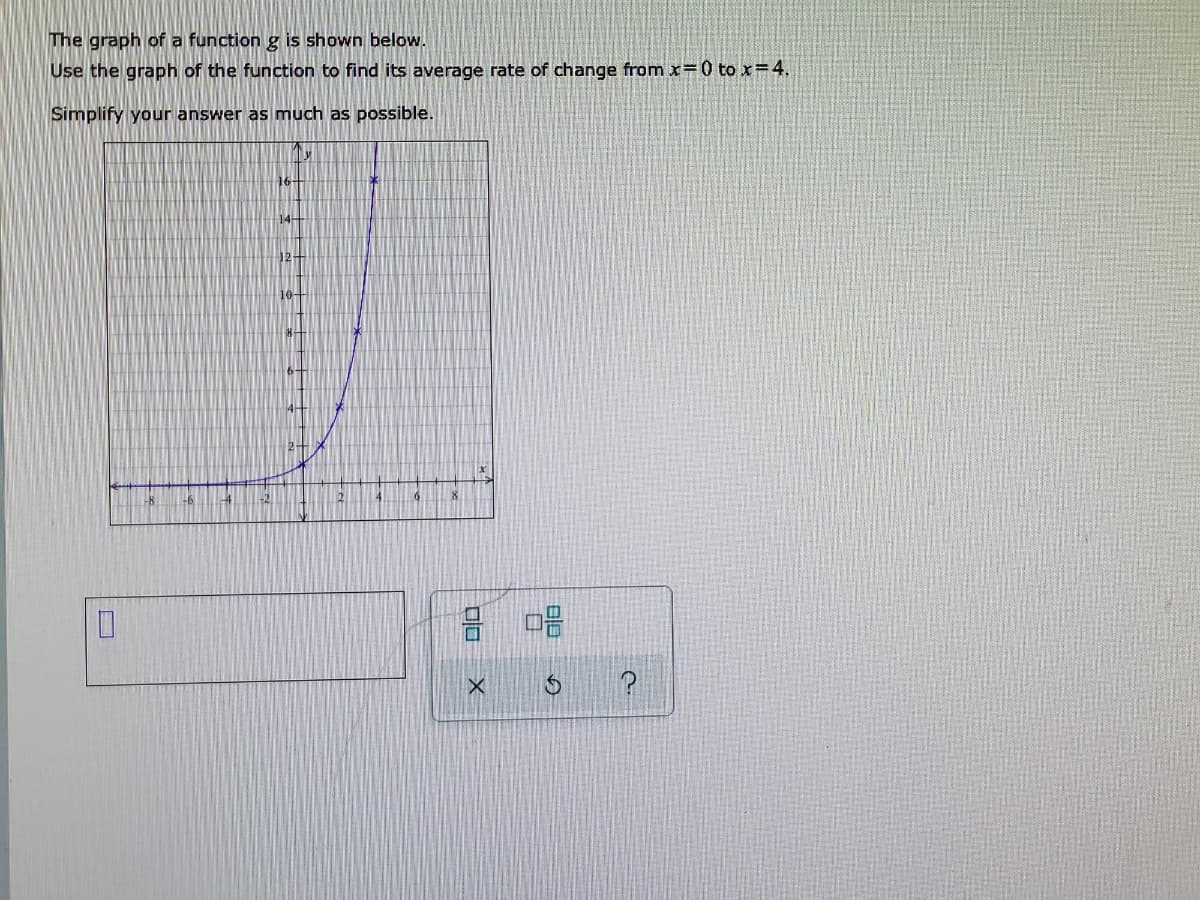The graph of a function g is shown below.
Use the graph of the function to find its average rate of change from x=0 to x=4.
Simplify your answer as much as possible.
14+
