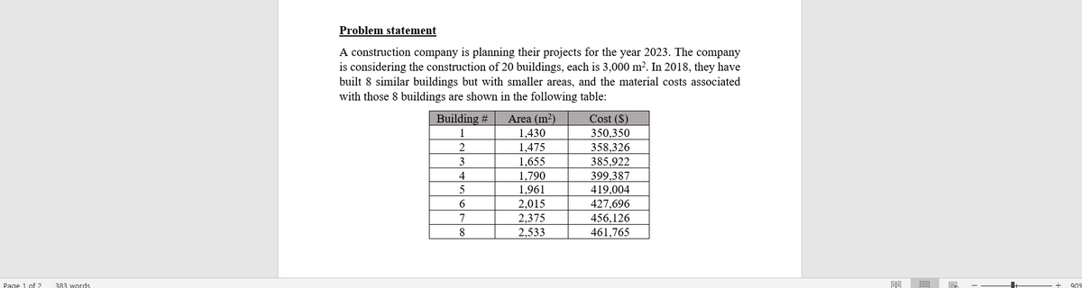 Page 1 of 2 383 words
Problem statement
A construction company is planning their projects for the year 2023. The company
is considering the construction of 20 buildings, each is 3,000 m². In 2018, they have
built 8 similar buildings but with smaller areas, and the material costs associated
with those 8 buildings are shown in the following table:
Building #
1
2
3
4
5
6
7
8
Area (m²)
1,430
1,475
1,655
1,790
1,961
2,015
2,375
2,533
Cost ($)
350,350
358,326
385,922
399,387
419,004
427,696
456,126
461,765
909