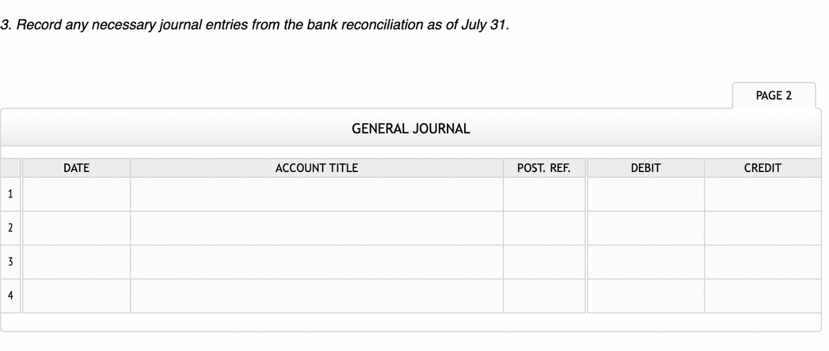 3. Record any necessary journal entries from the bank reconciliation as of July 31.
PAGE 2
GENERAL JOURNAL
DATE
ACCOUNT TITLE
POST. REF.
DEBIT
CREDIT
1
2
3
4
