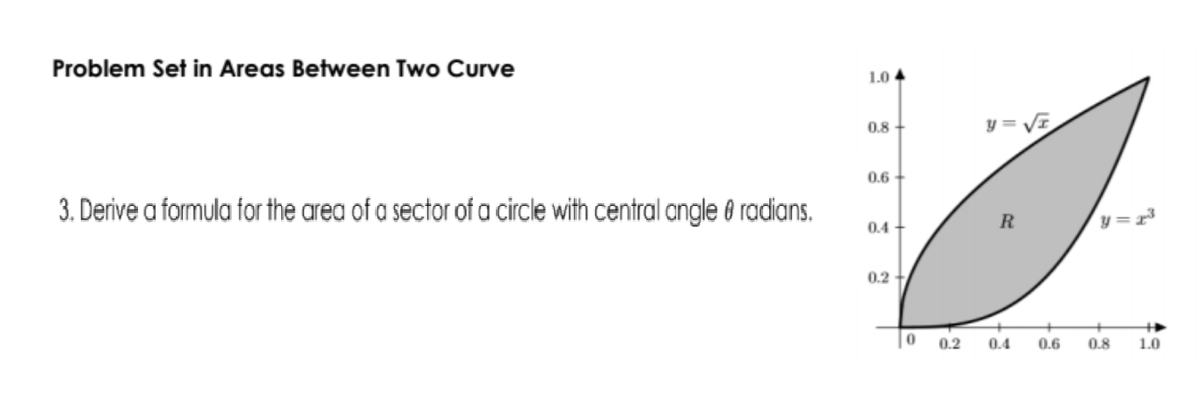 Problem Set in Areas Between Two Curve
1.0
y = VE
0.8
0.6
3. Derive a formula for the area of a sector of a circle with central angle 8 radians.
y =r³
0.4 +
0.2 +
0.2
0.4
0.6
0.8
1.0
