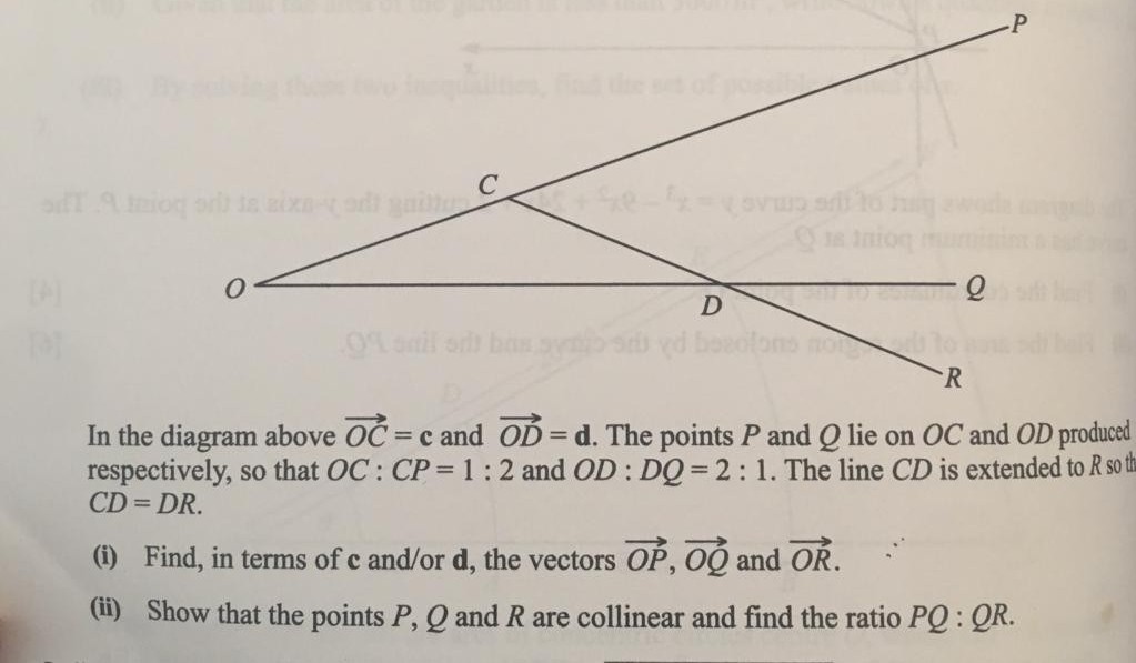 P
aT Amiog sr is aixad gain
ovu s to h
09 sil or bas
olons no
R
In the diagram above OC = c and OD= d. The points P and Q lie on OC and OD produced
respectively, so that OC : CP =1:2 and OD : DQ = 2:1. The line CD is extended to R so the
CD = DR.
(1) Find, in terms of c and/or d, the vectors OP, OÓ and OR.
(i) Show that the points P, Q and R are collinear and find the ratio PQ: QR.
