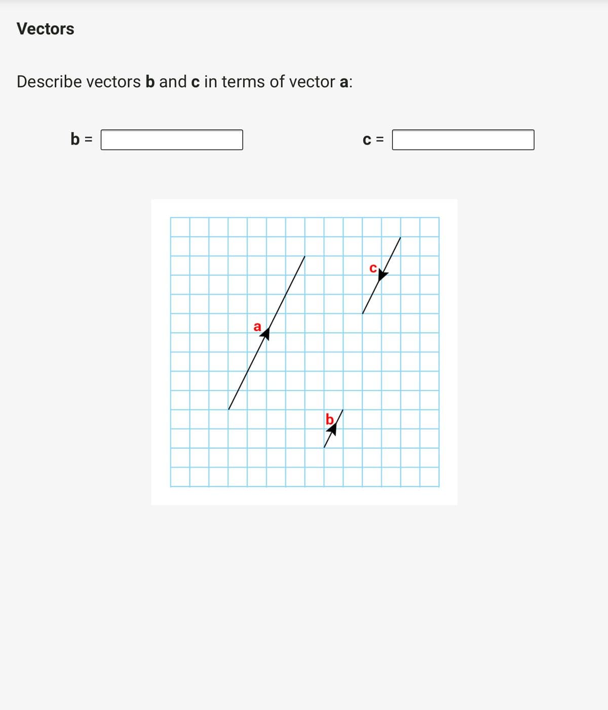 Vectors
Describe vectors b and c in terms of vector a:
b :
с 3
a
b
