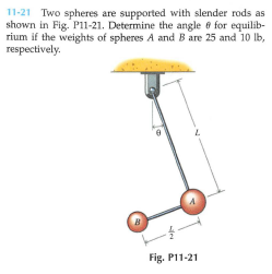 11-21 Two spheres are supported with slender rods as
shown in Fig. P11-21. Determine the angle e for equilib-
rium if the weights of spheres A and B are 25 and 10 lb,
respectively.
Fig. P11-21
