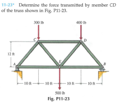 11-23 Determine the force transmitted by member CD
of the truss shown in Fig. P11-23.
300 Ib
400 Ib
12 ft
10 ft
- 10 ft
10 ft
10 ft
500 Ib
Fig. P11-23
