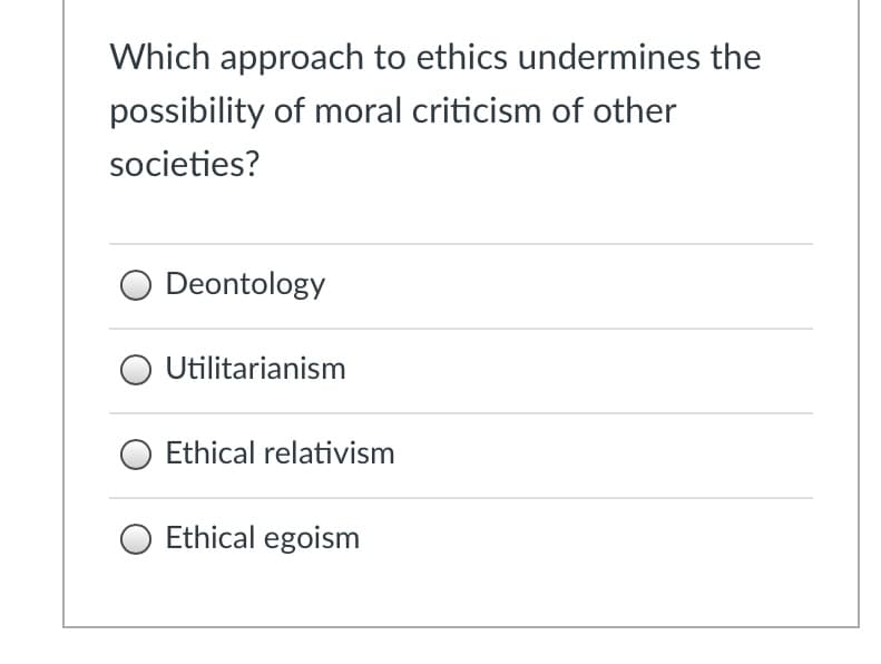 Which approach to ethics undermines the
possibility of moral criticism of other
societies?
Deontology
Utilitarianism
Ethical relativism
Ethical egoism
