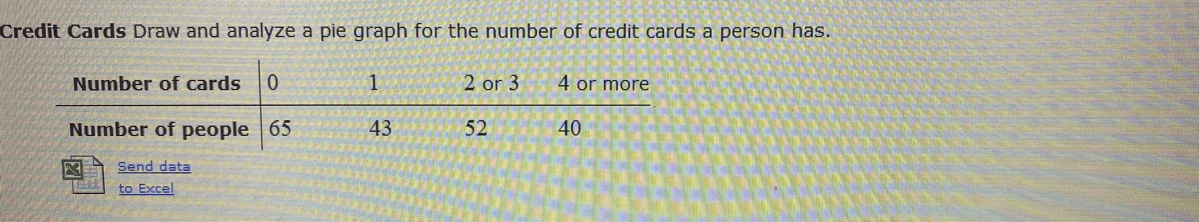 Credit Cards Draw and analyze a pie graph for the number of credit cards a person has.
Number of cards
2 or 3
0.
1
4 or more
40
43
Number of people
52
65
Send data
to Excel
