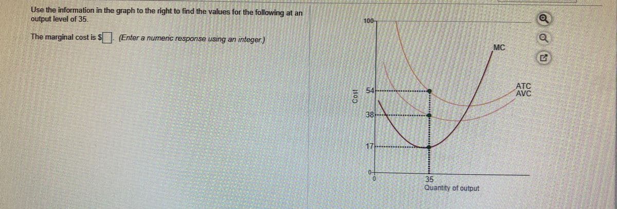 Use the information in the graph to the right to find the values for the following at an
output level of 35.
100
The marginal cost is S (Enter a numenc response using an integer.)
MC
ATC
AVC
54
38
--
17
35
Post
