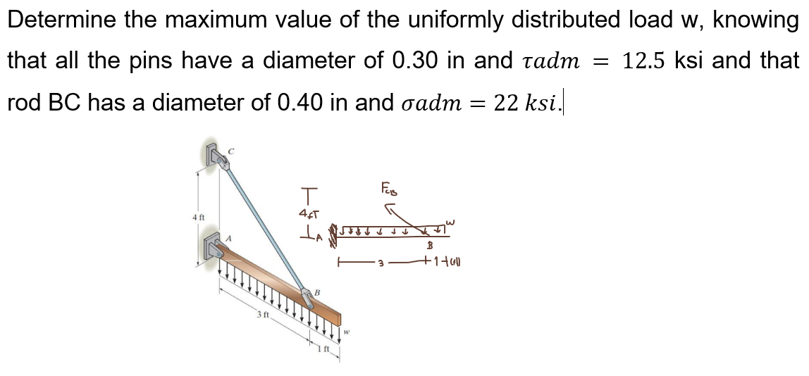 Determine the maximum value of the uniformly distributed load w, knowing
that all the pins have a diameter of 0.30 in and tadm = 12.5 ksi and that
rod BC has a diameter of 0.40 in and oadm = 22 ksi.
T
4fT
LA
FEB
B
+1 +4²ll