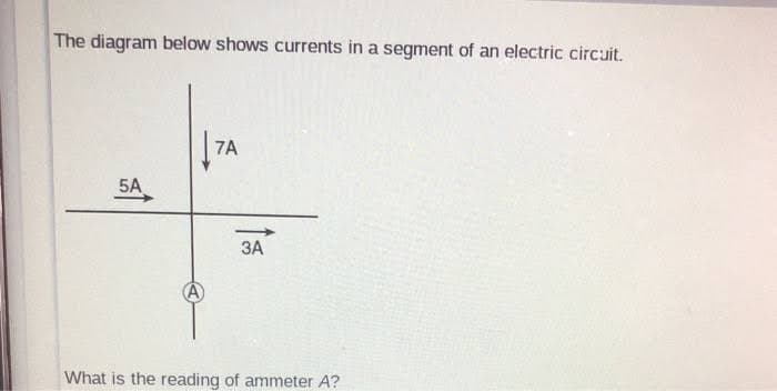 The diagram below shows currents in a segment of an electric circuit.
|7A
5A
ЗА
What is the reading of ammeter A?
