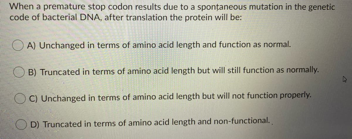 When a premature stop codon results due to a sponțaneous mutation in the genetic
code of bacterial DNA, after translation the protein will be:
O A) Unchanged in terms of amino acid length and function as normal.
B) Truncated in terms of amino acid length but will still function as normally.
C) Unchanged in terms of amino acid length but will not function properly.
O D) Truncated in terms of amino acid length and non-functional.
