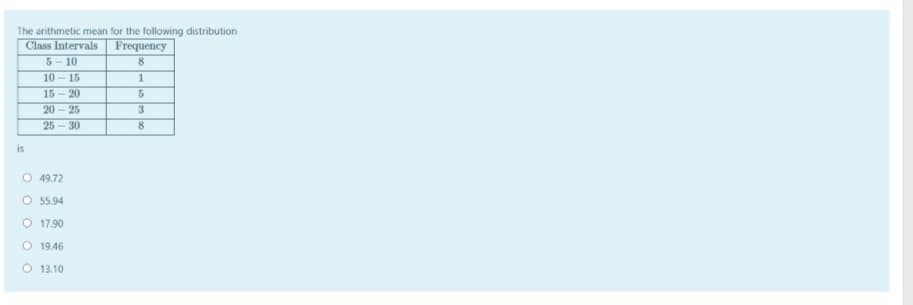 The arithmetic mean for the following distribution
Class Intervals
Frequency
5- 10
10 - 15
1
15 - 20
20 - 25
3.
25 - 30
is
O 49.72
O 55.94
O 17.90
O 19.46
O 13.10
