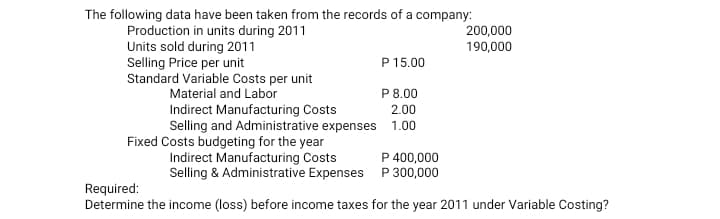 The following data have been taken from the records of a company:
200,000
190,000
Production in units during 2011
Units sold during 2011
Selling Price per unit
Standard Variable Costs per unit
Material and Labor
Indirect Manufacturing Costs
P15.00
P8.00
2.00
Selling and Administrative expenses 1.00
Fixed Costs budgeting for the year
Indirect Manufacturing Costs
Selling & Administrative Expenses P 300,000
P 400,000
Required:
Determine the income (loss) before income taxes for the year 2011 under Variable Costing?
