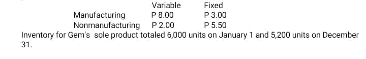 Variable
Fixed
P 3.00
P 5.50
P 8.00
Manufacturing
Nonmanufacturing P2.00
Inventory for Gem's sole product totaled 6,000 units on January 1 and 5,200 units on December
31.
