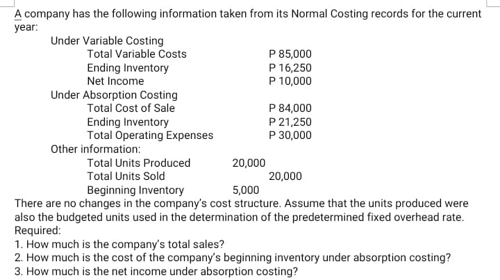 A company has the following information taken from its Normal Costing records for the current
year:
Under Variable Costing
P 85,000
P 16,250
P 10,000
Total Variable Costs
Ending Inventory
Net Income
Under Absorption Costing
Total Cost of Sale
Ending Inventory
Total Operating Expenses
P 84,000
P 21,250
P 30,000
Other information:
Total Units Produced
20,000
Total Units Sold
20,000
Beginning Inventory
5,000
There are no changes in the company's cost structure. Assume that the units produced were
also the budgeted units used in the determination of the predetermined fixed overhead rate.
Required:
1. How much is the company's total sales?
2. How much is the cost of the company's beginning inventory under absorption costing?
3. How much is the net income under absorption costing?

