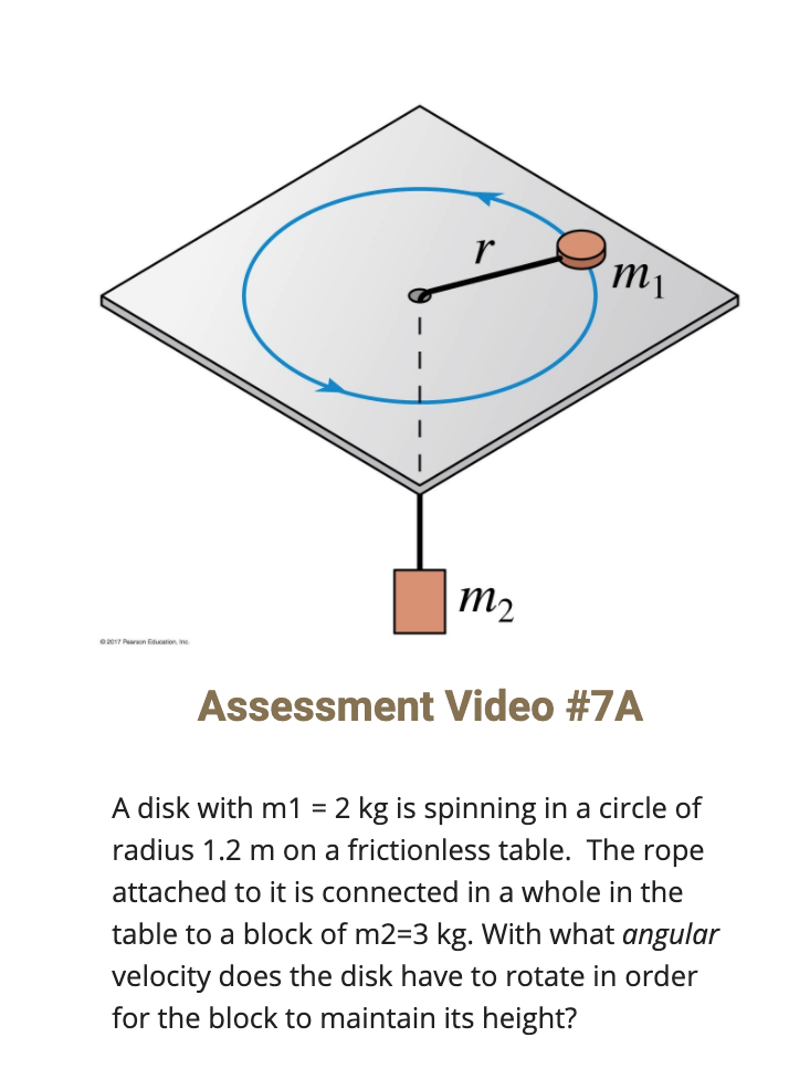 m2
2017 Paron Etution n
Assessment Video #7A
A disk with m1 = 2 kg is spinning in a circle of
radius 1.2 m on a frictionless table. The rope
attached to it is connected in a whole in the
table to a block of m2=3 kg. With what angular
velocity does the disk have to rotate in order
for the block to maintain its height?
