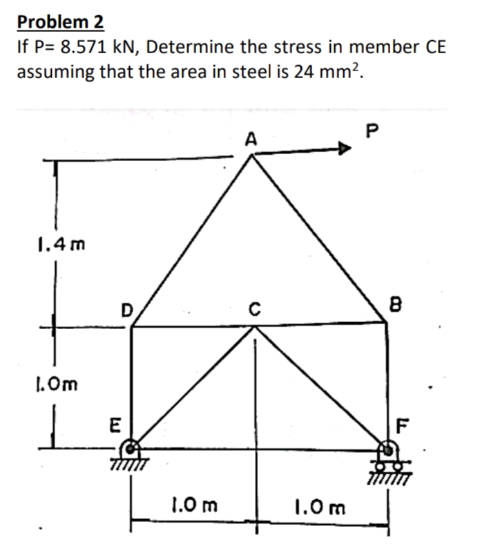 Problem 2
If P= 8.571 kN, Determine the stress in member CE
assuming that the area in steel is 24 mm?.
A
1.4 m
1.Om
E
F
1.0 m
1.0 m
