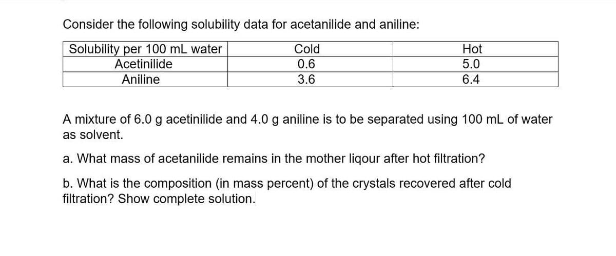 Consider the following solubility data for acetanilide and aniline:
Solubility per 100 mL water
Acetinilide
Cold
Hot
0.6
5.0
Aniline
3.6
6.4
A mixture of 6.0 g acetinilide and 4.0 g aniline is to be separated using 100 mL of water
as solvent.
a. What mass of acetanilide remains in the mother ligour after hot filtration?
b. What is the composition (in mass percent) of the crystals recovered after cold
filtration? Show complete solution.
