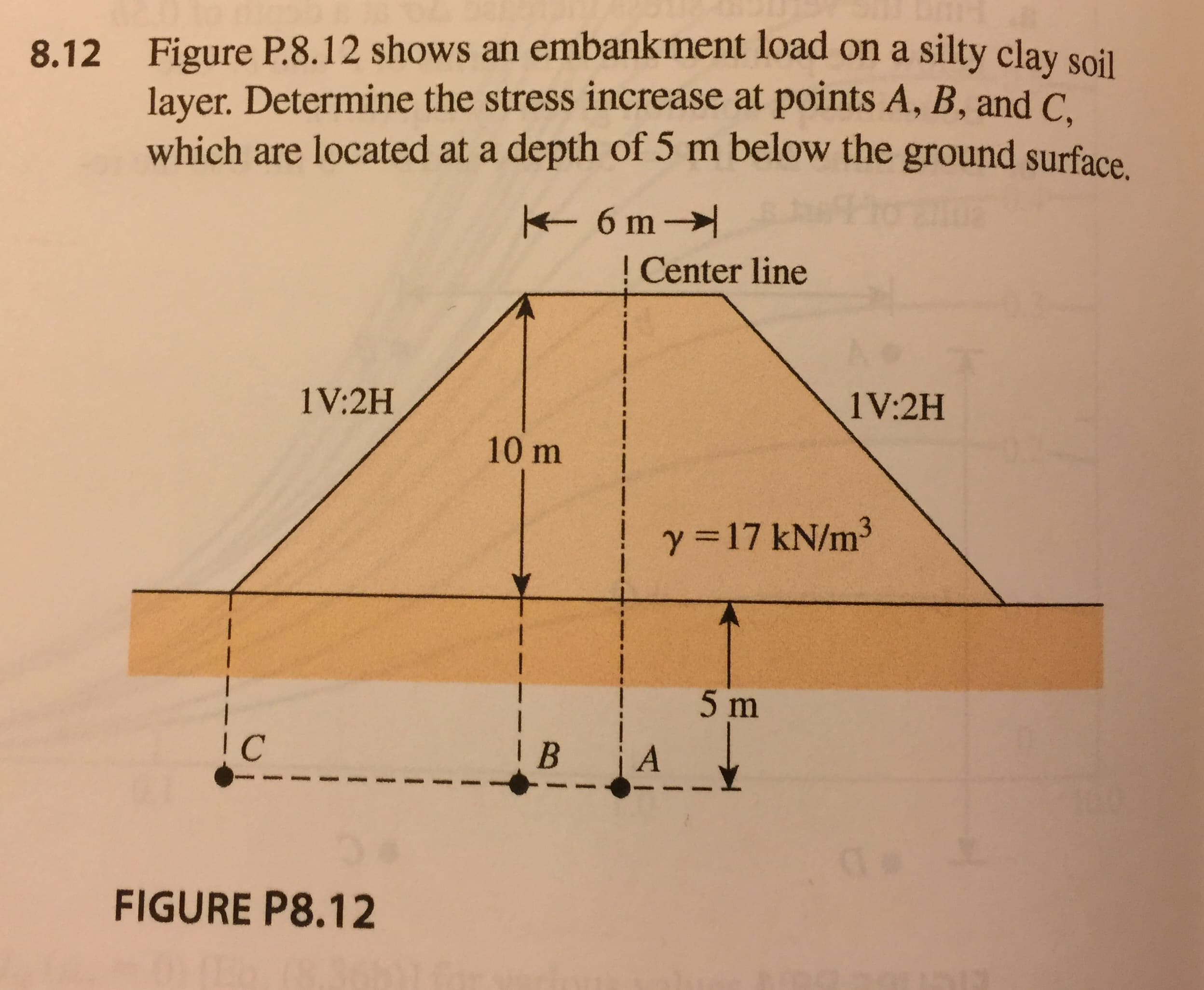 Figure P8.12 shows an embankment load on a silty clay soil
layer. Determine the stress increase at points A, B, and C,
which are located at a depth of5 m below the ground surface.
8.12
Center line
1V:2H
1V:2H
10 m
γ = 17 kN/m3
5 nm
I C
IB İA
FIGURE P8.12
