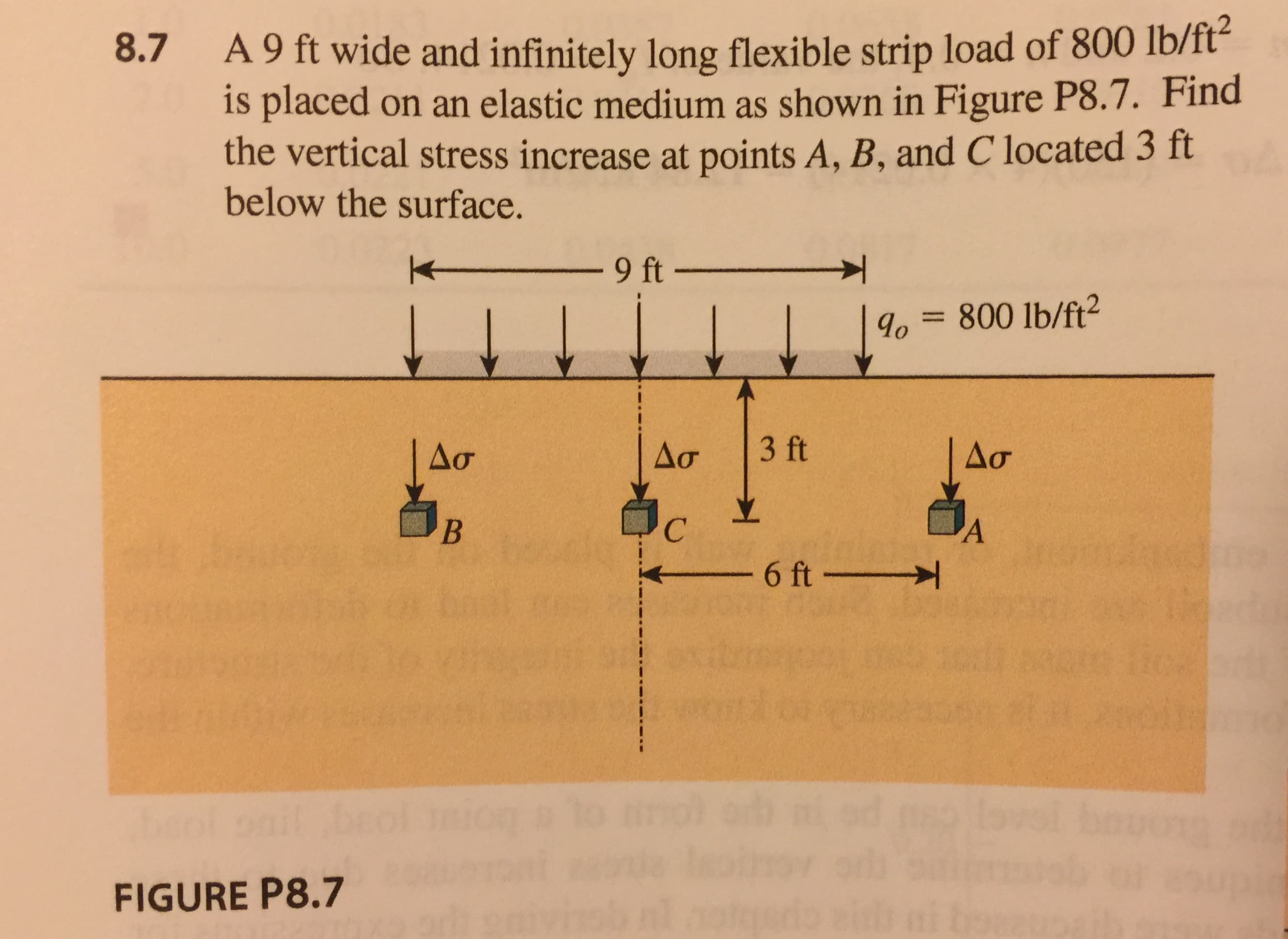 8.7 A9 ft wide and infinitely long flexible strip load of 800 lb/ft
is placed on an elastic medium as shown in Figure P8.7. Find
the vertical stress increase at points A, B, and C located 3 ft
below the surface.
o 800 lb/ft2
6 ft
FIGURE P8.7
