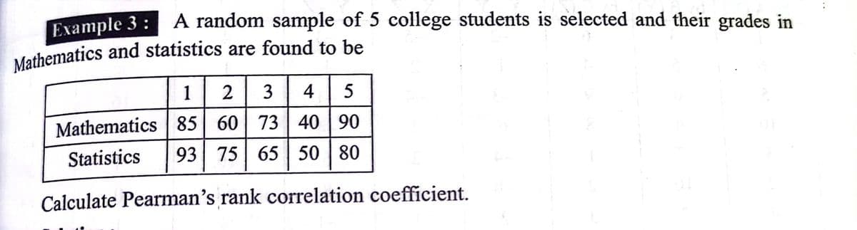 A random sample of 5 college students is selected and their grades in
Example 3:
Mathematics and statistics are found to be
2 3
4 5
Mathematics 85 60 73 40 90
1
Statistics
93 75 65 50 | 80
Calculate Pearman's rank correlation coefficient.
