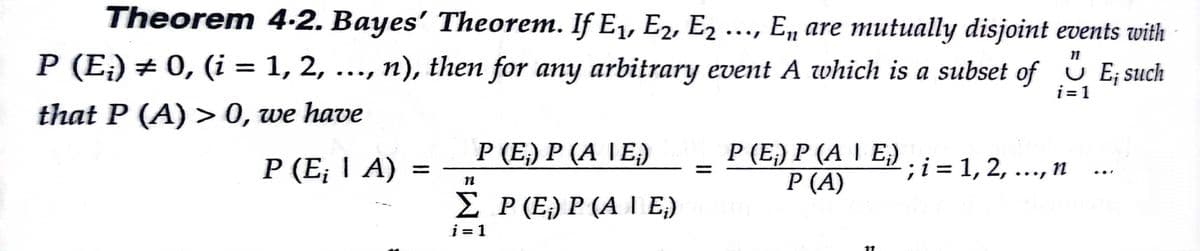 Theorem 4.2. Bayes' Theorem. If E1, E2, E2 ..., E, are mutually disjoint events with
•..
P (E:) # 0, (i = 1, 2, ..., n), then for any arbitrary event A which is a subset of ü E; such
i = 1
that P (A) > 0, we have
P (Ε) P ( ΙΕ)
P (E; I A) =
P (E;) P (A | E;)
Р (A)
;i = 1, 2, ..., n
..r
Σ Ρ(Ε) P (AΑΙ Ε)
i = 1
11
