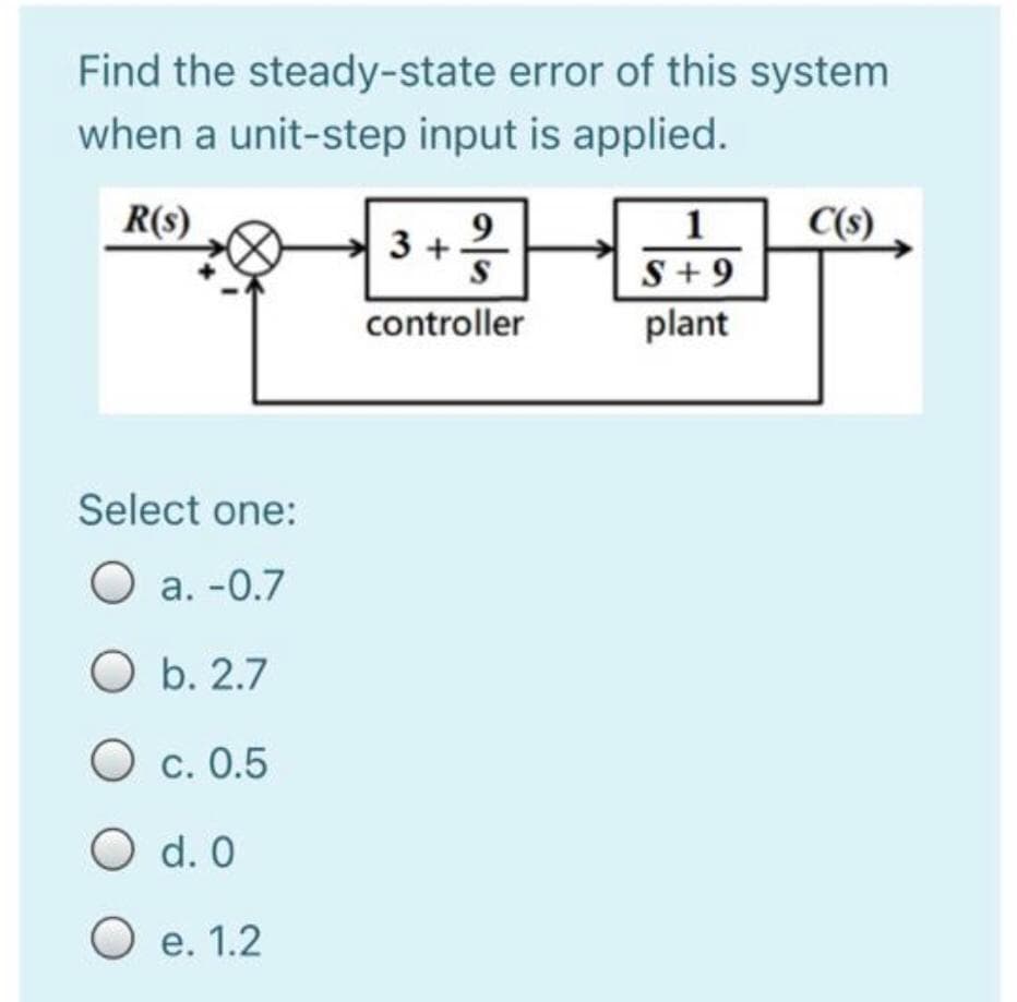 Find the steady-state error of this system
when a unit-step input is applied.
R(s)
9
3 +
1
C(s)
S+ 9
controller
plant
Select one:
O a. -0.7
O b. 2.7
О с.
c. 0.5
O d. 0
e. 1.2
