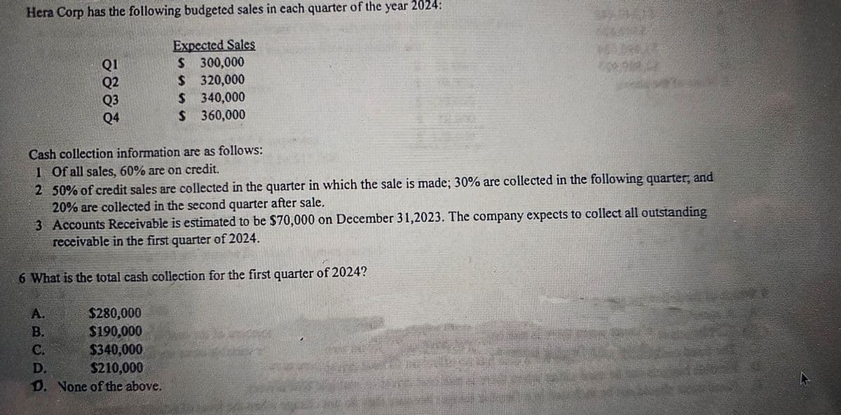 Hera Corp has the following budgeted sales in each quarter of the year 2024:
QI
Q3
Q4
Expected Sales
S 300,000
320,000
$
$ 340,000
S 360,000
Cash collection information are as follows:
1 Of all sales, 60% are on credit.
2
50% of credit sales are collected in the quarter in which the sale is made; 30% are collected in the following quarter; and
20% are collected in the second quarter after sale.
3
Accounts Receivable is estimated to be $70,000 on December 31,2023. The company expects to collect all outstanding
receivable in the first quarter of 2024.
6 What is the total cash collection for the first quarter of 2024?
A.
$280,000
B.
$190,000
C.
$340,000
D.
$210,000
D. None of the above.