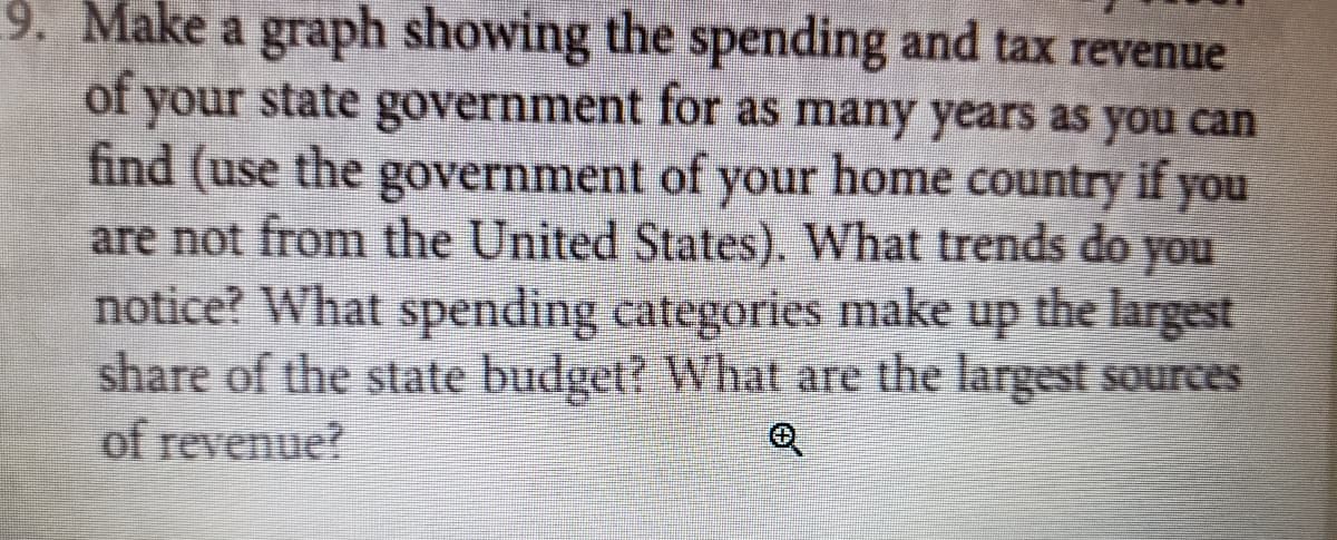 9. Make a graph showing the spending and tax revenue
of your state government for as many years as you can
find (use the government of your home country if you
are not from the United States). What trends do you
notice? What spending categories make up the largest
share of the state budget? What are the largest sources
of revenue?
e