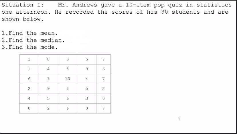 Situation I: Mr. Andrews gave a 10-item pop quiz in statistics
one afternoon. He recorded the scores of his 30 students and are
shown below.
1.Find the mean.
2. Find the median.
3. Find the mode.
1
8
3
5
7
1
4
5
9
6
6
3
10
4
7
2
9
8
5
2
4
5
6
3
0
8
2
5
0
7
▷
