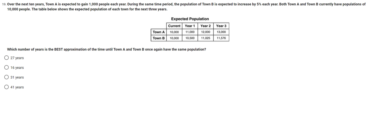 19. Over the next ten years, Town A is expected to gain 1,000 people each year. During the same time period, the population of Town B is expected to increase by 5% each year. Both Town A and Town B currently have populations of
10,000 people. The table below shows the expected population of each town for the next three years.
Year 3
Expected Population
Current Year 1
Town A 10,000 11,000
Town B 10,000 10,500
Year 2
12,000
13,000
11,025
11,576
Which number of years is the BEST approximation of the time until Town A and Town B once again have the same population?
27 years
16 years
31 years
41 years